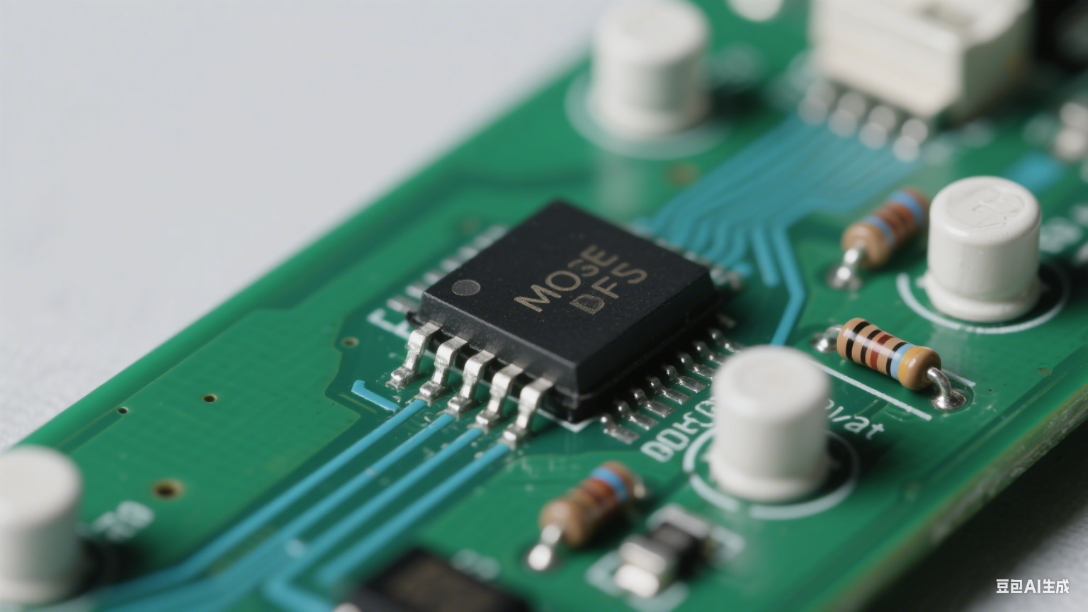 多層 PCB 剖面：深綠基材與銀灰電源 / 接地層交替，超短回路連接 SiC 管與電容，密集鍍銀散熱過孔，冷白光下顯緊湊高效