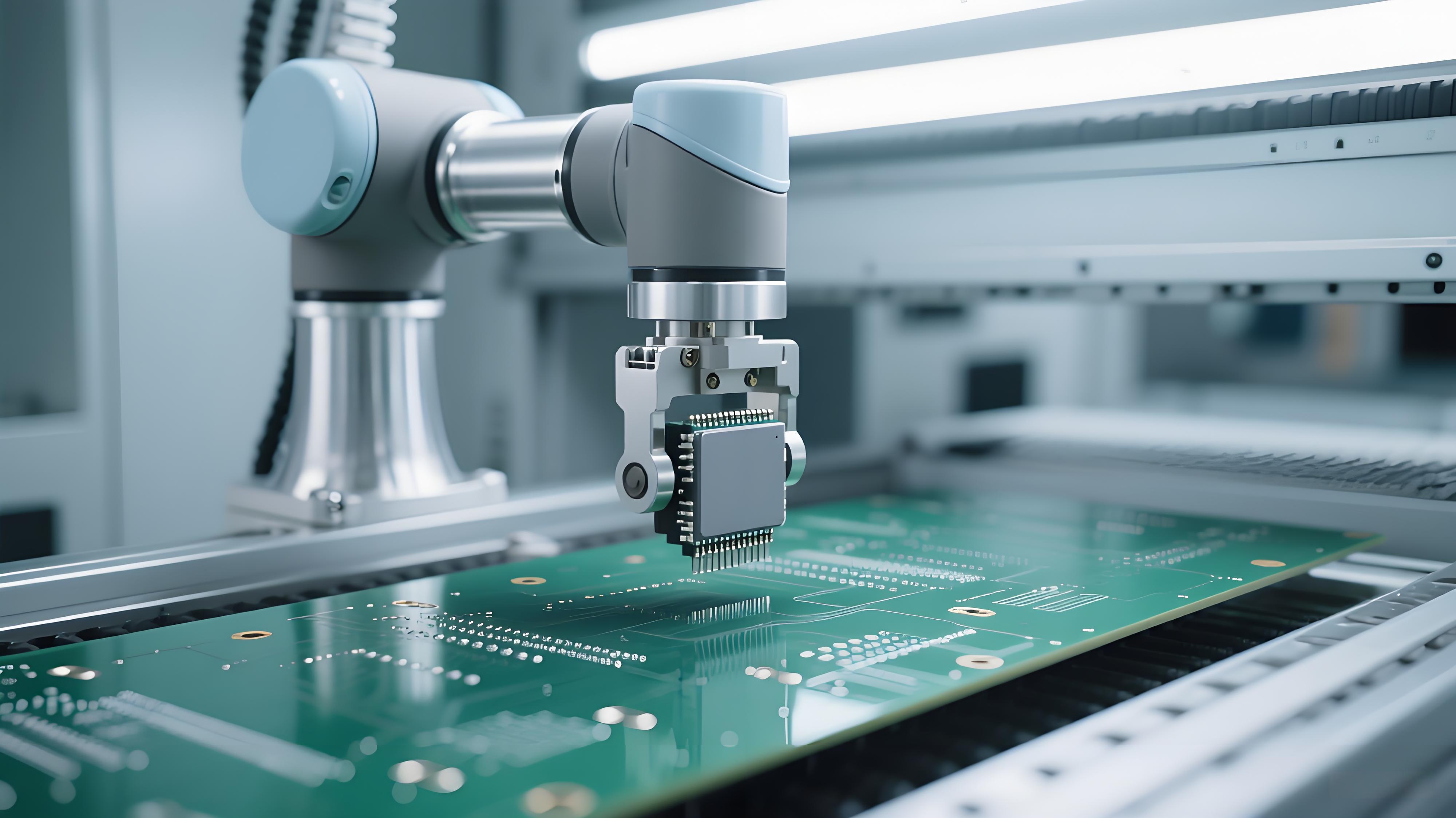 自動化插裝系統(tǒng)中機械臂為PCB板安裝電子元件的場景