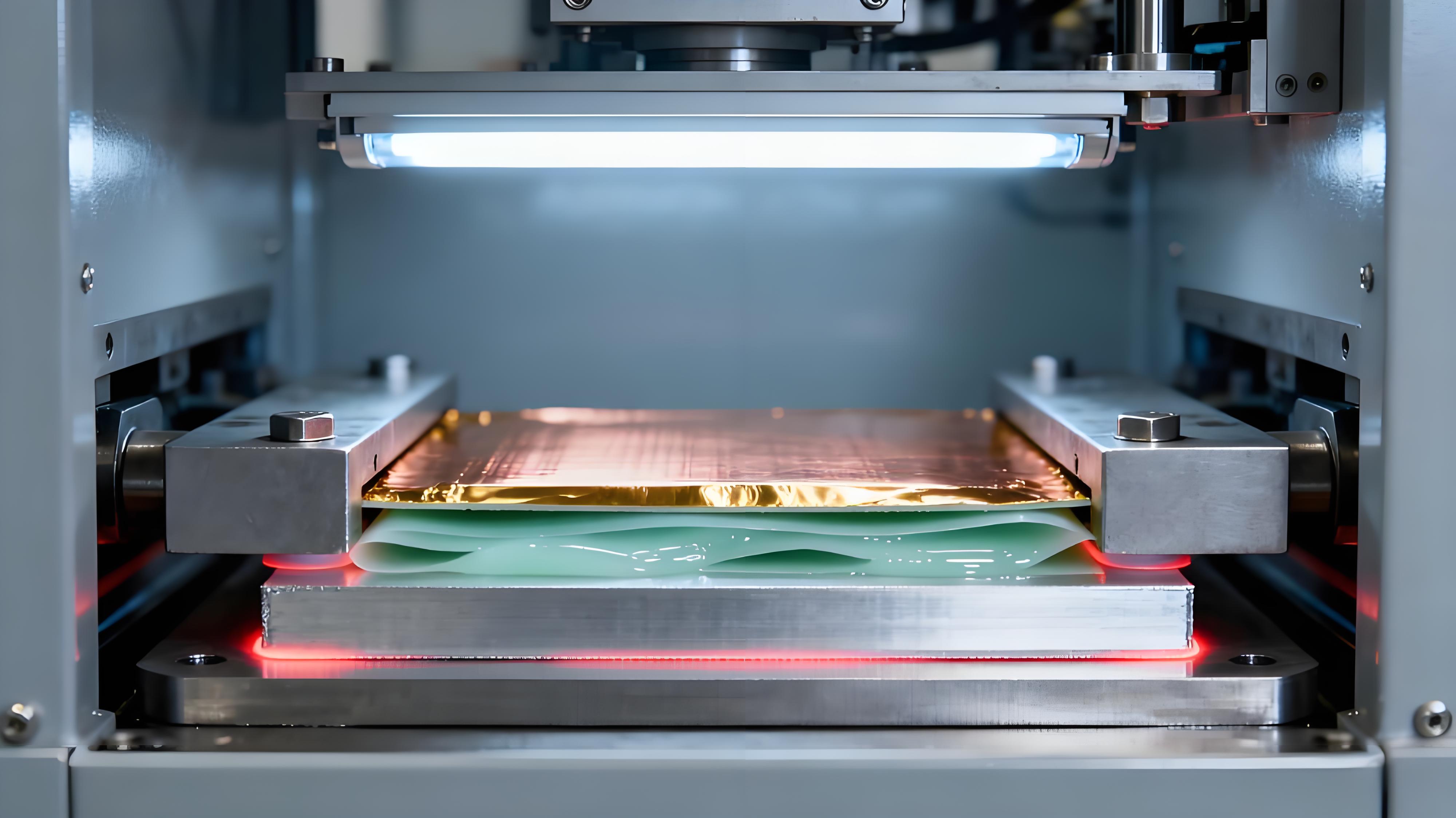 鋁基板絕緣層壓合工藝場景，銅箔、導熱絕緣膠膜與鋁板在高溫高壓下緊密貼合