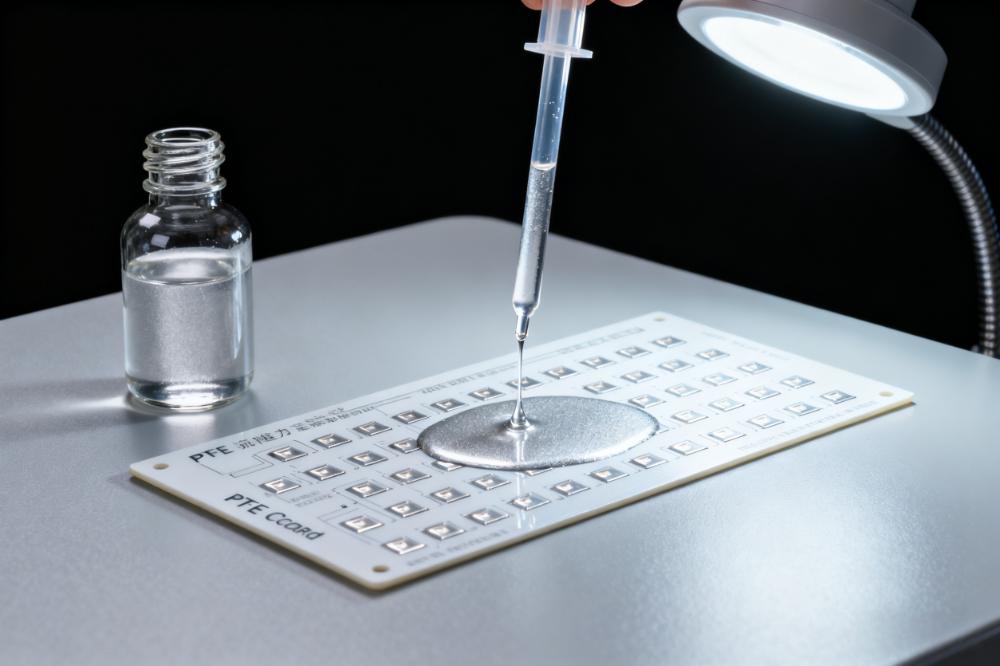 PTFE PCB沉銀表面處理場(chǎng)景，淡銀色溶液在銅焊盤形成均勻沉銀層無(wú)鼓泡