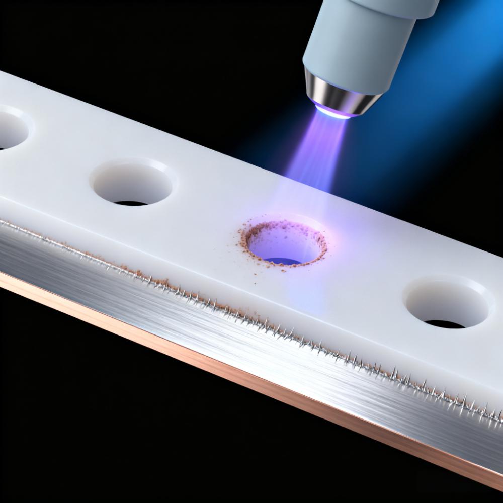 PTFE PCB鉆孔后等離子體去鉆污場(chǎng)景，淡紫色等離子體去除孔壁殘留鉆污