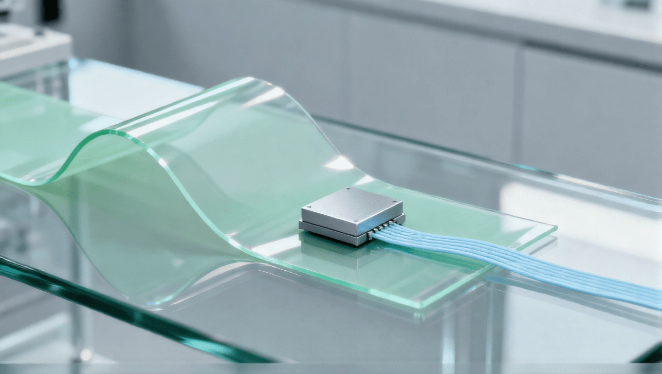 未來柔性基板封裝，淡綠色柔性基板與微型三維芯片