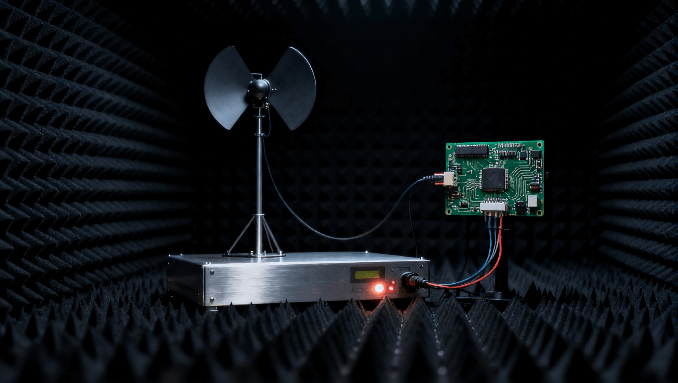 電路板電磁兼容性測試場景，在屏蔽暗室中評估輻射發(fā)射與抗干擾能力