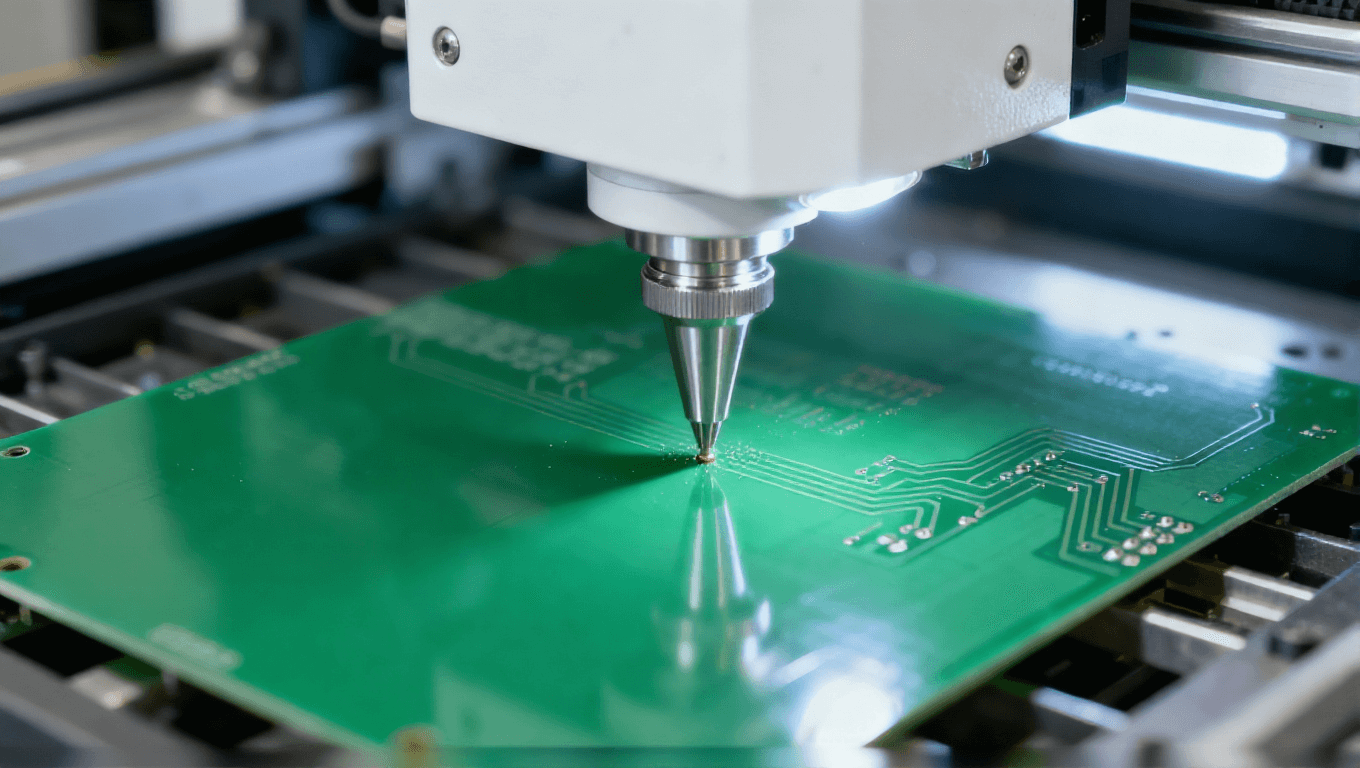 數(shù)控鉆孔設(shè)備對綠色 PCB 基板進行鉆孔，冷白光聚焦鉆孔點的工業(yè)加工場景