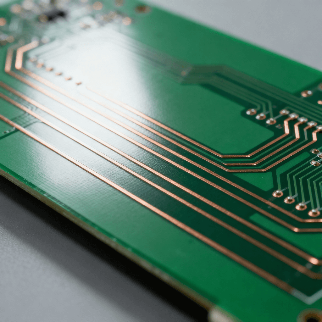 綠色 PCB 印刷電路板特寫，表面分布精密銅箔導(dǎo)電線路的硬質(zhì)電子載體