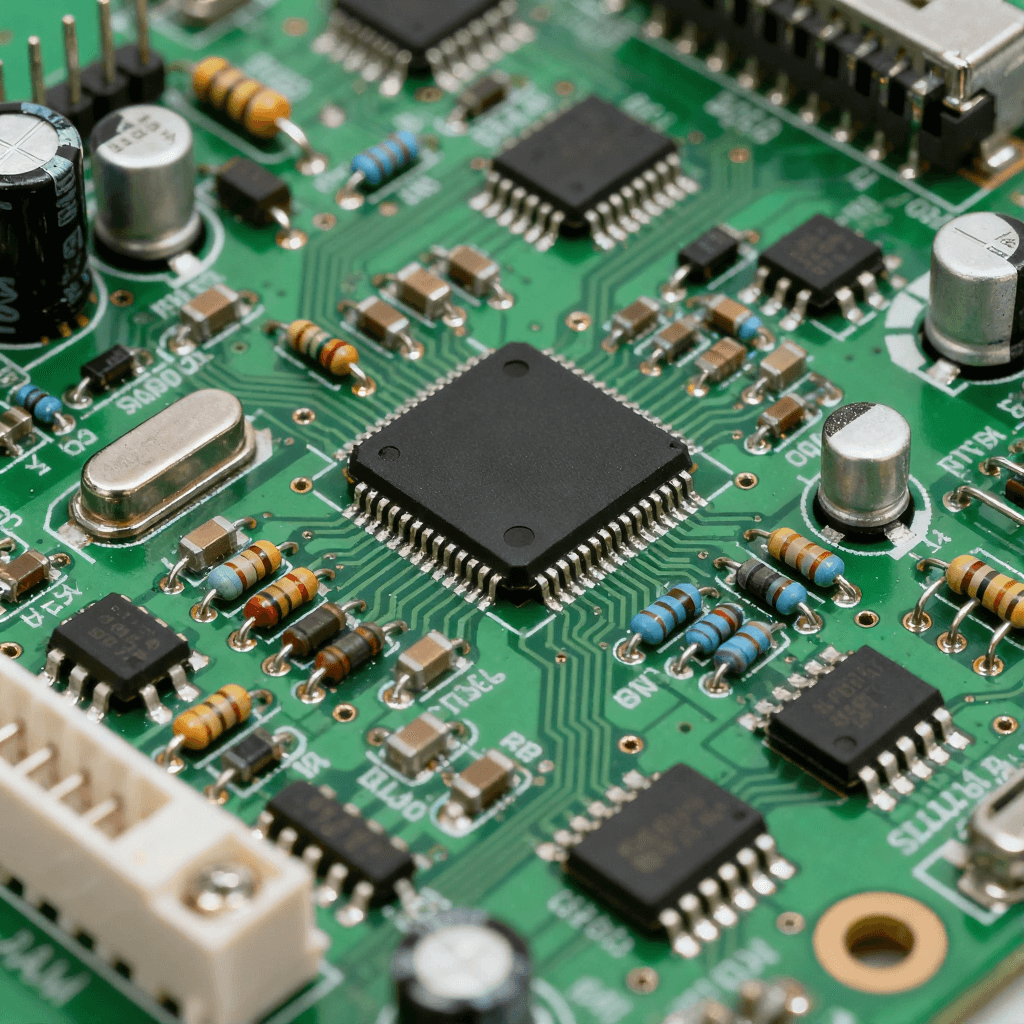 綠色 PCB 基板上集成電阻、電容、芯片的 PCBA 組件，焊點呈現(xiàn)金屬光澤