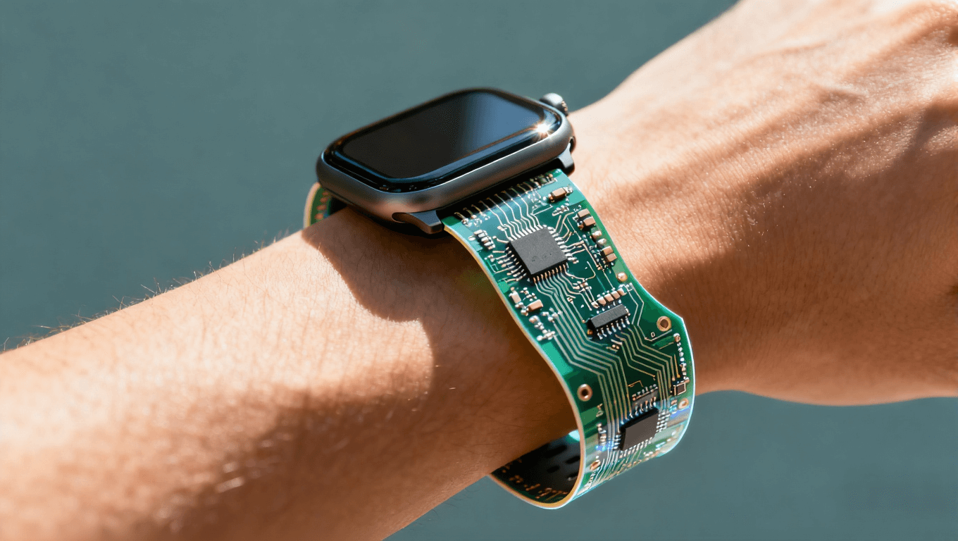 佩戴在手腕上的智能手表，電路板集成于表帶，突顯彎曲設(shè)計(jì)