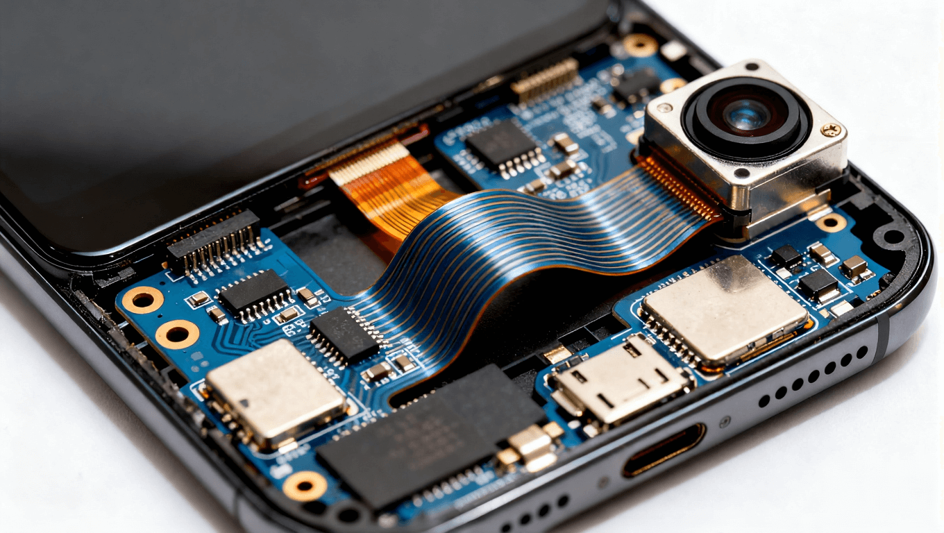 部分拆解的現(xiàn)代智能手機(jī)，靈活電路板繞過攝像頭模塊，體現(xiàn)緊湊集成設(shè)計(jì)