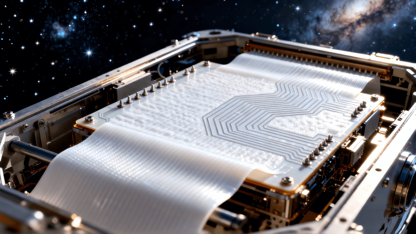 衛(wèi)星載荷系統(tǒng)中的撓性電路板，強(qiáng)調(diào) PTFE 材料的耐極端溫度特性