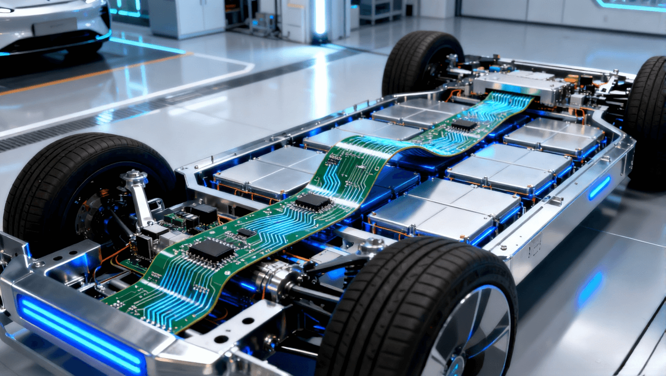 電動汽車電池包內(nèi)部，靈活電路板穿過電池單元間隙，展現(xiàn)空間效率