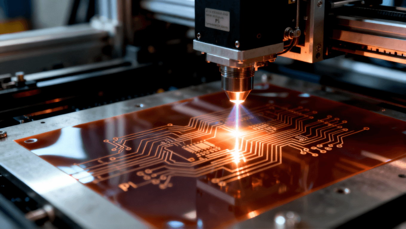 工業(yè)環(huán)境下的激光直接成型工藝，激光束在 PI 薄膜上精確形成電路