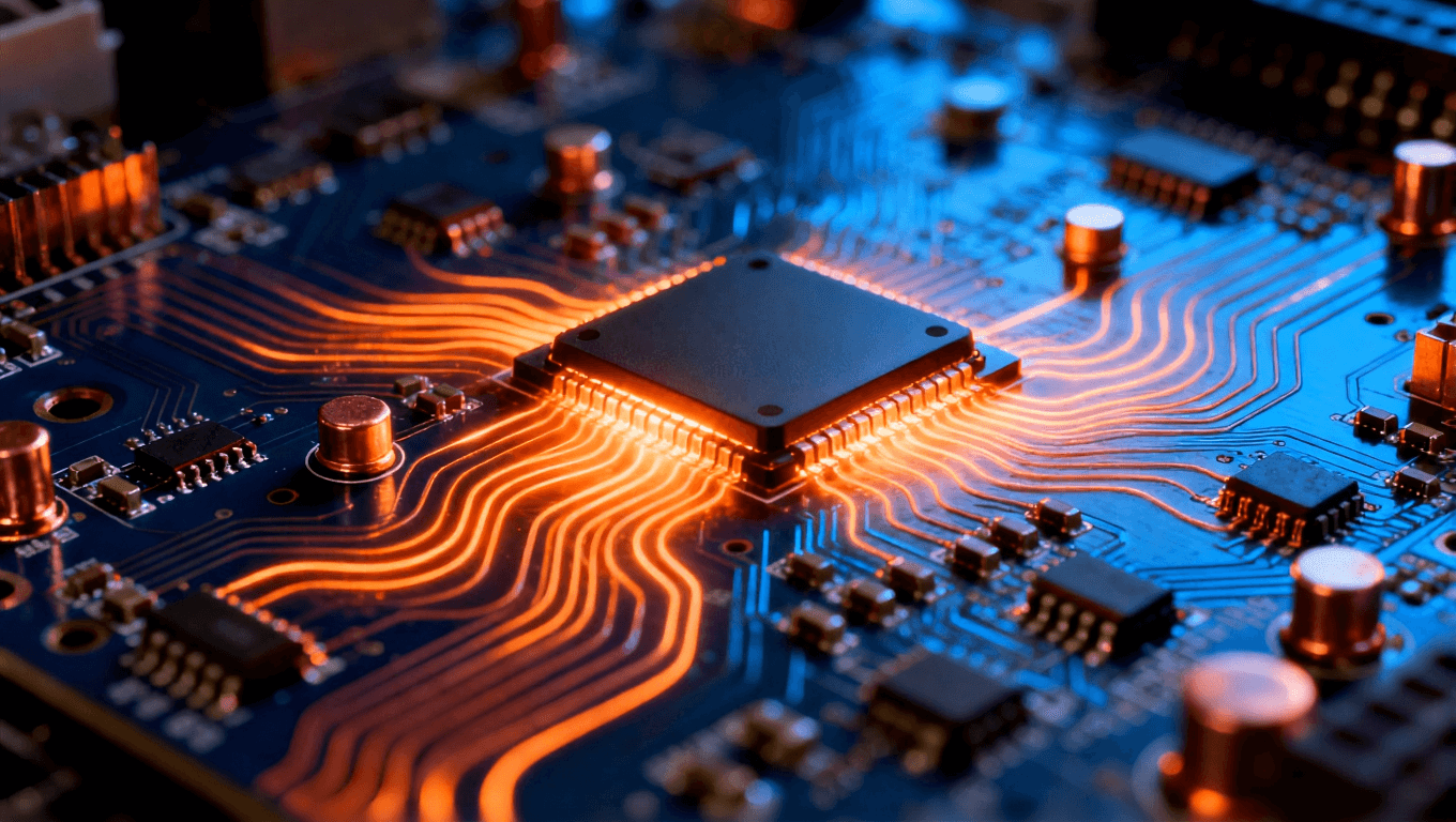 高科技電路板特寫，銅線和微芯片發(fā)熱光線，熱傳遞動(dòng)態(tài)效果，金屬光澤，藍(lán)色與橙色對(duì)比，柔和陰影
