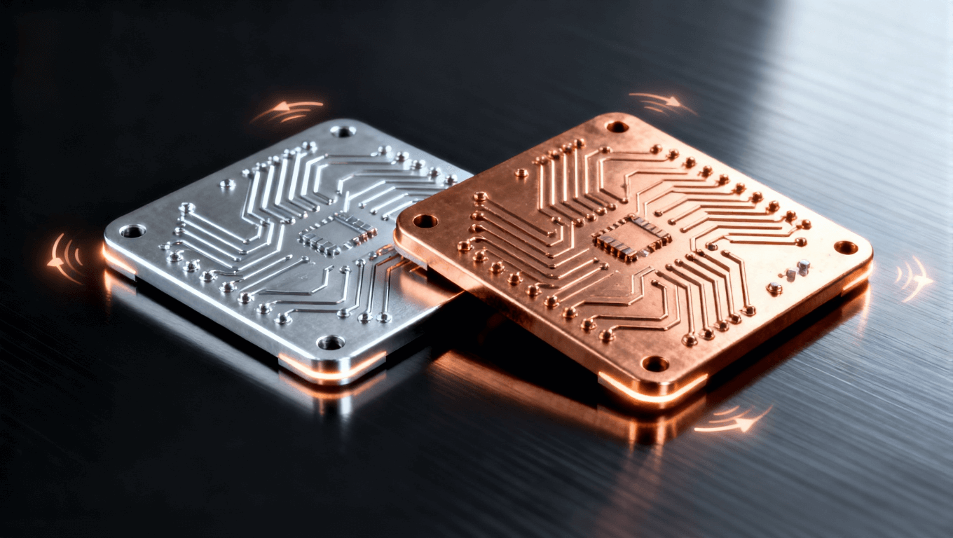 鋁基與銅基電路板放置在光滑黑色表面上，反射光澤，細(xì)致的金屬紋理，熱流符號(hào)微光環(huán)繞