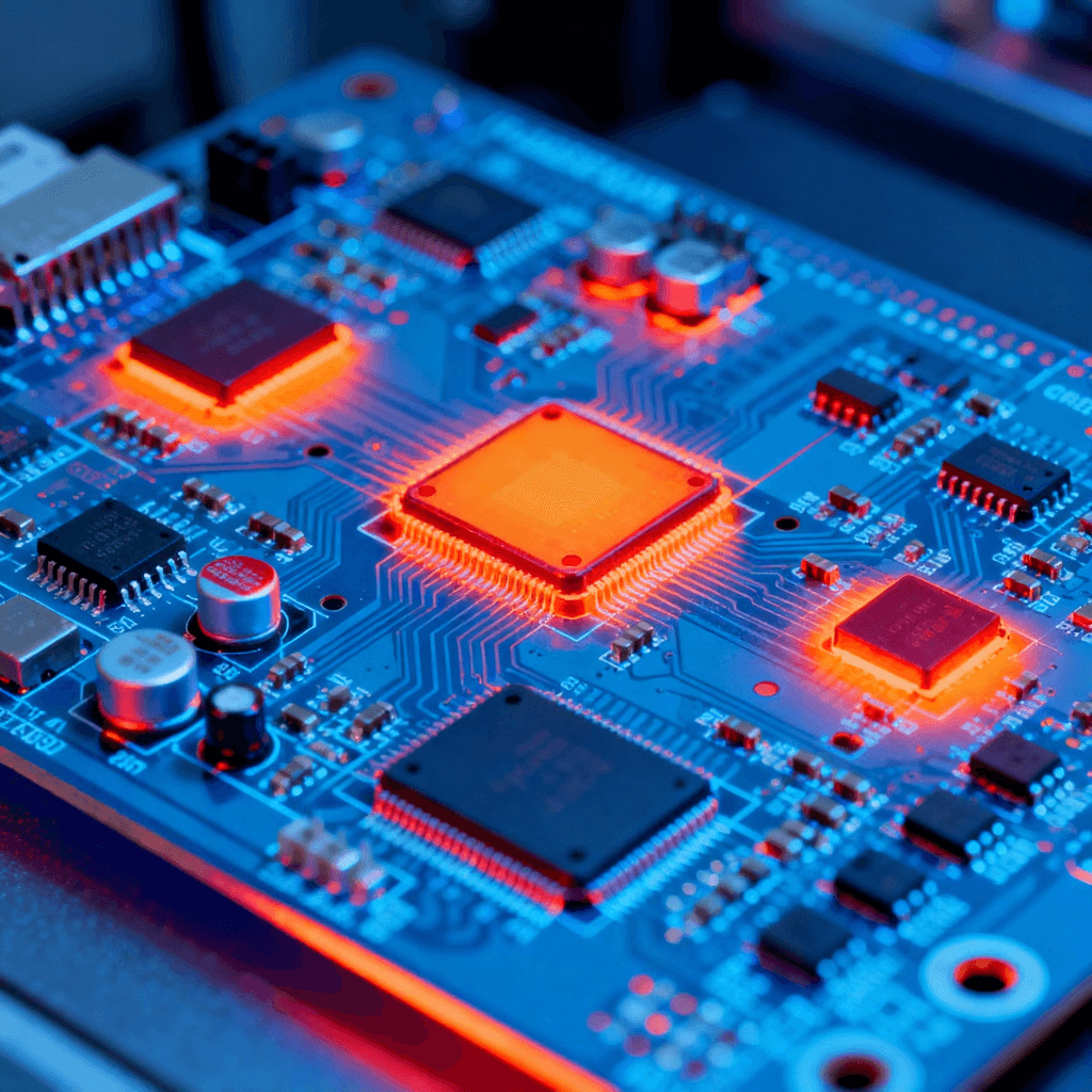 電路板可靠性測試熱成像圖，顯示高溫工作狀態(tài)下的熱量分布