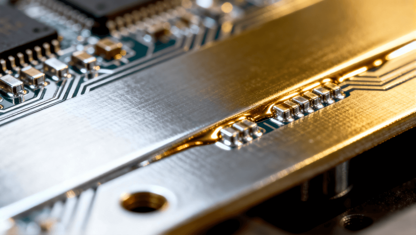 精密電路板表面處理，展示鎳金鍍層沉積的細節(jié)，體現(xiàn)專業(yè)制造環(huán)境中的光亮金屬質感