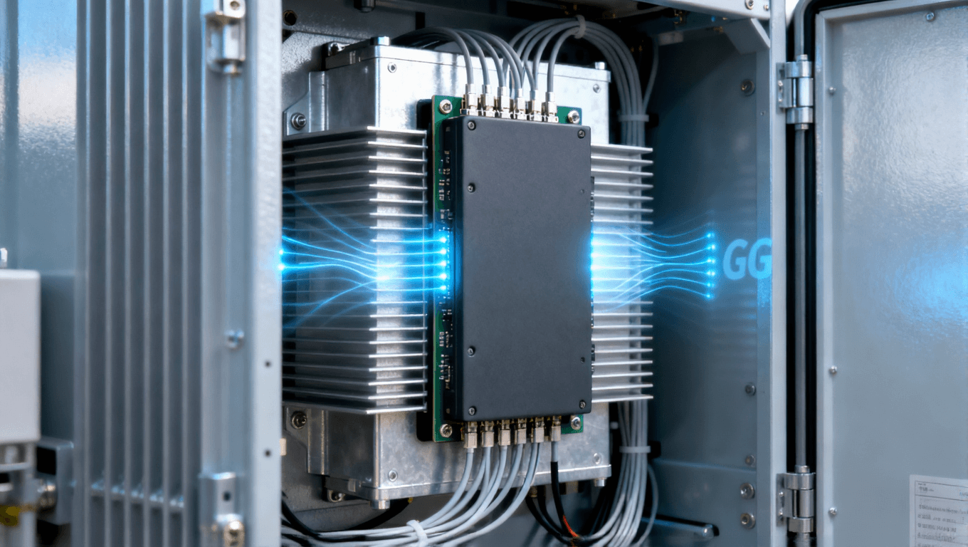 5G 基站 AAU 內(nèi)部 阻抗控制板與散熱片特寫