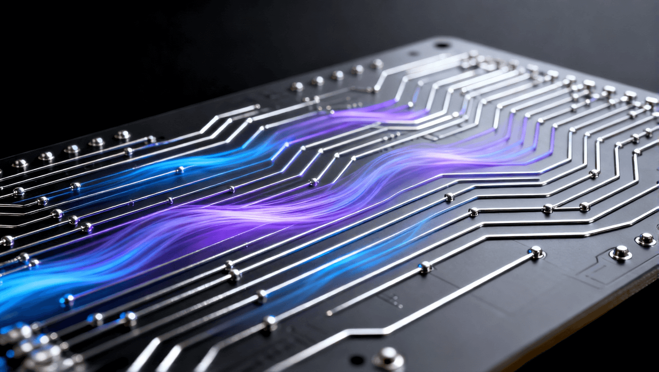 深灰色 PCB 板特寫 藍(lán)紫色光帶模擬高頻信號(hào)穩(wěn)定傳輸