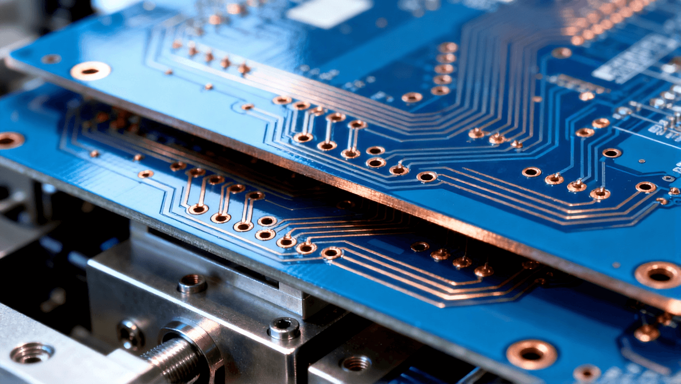 高精度PCB，展示復(fù)雜的銅鍍層和層間連接，突顯制造過程中的精密細(xì)節(jié)