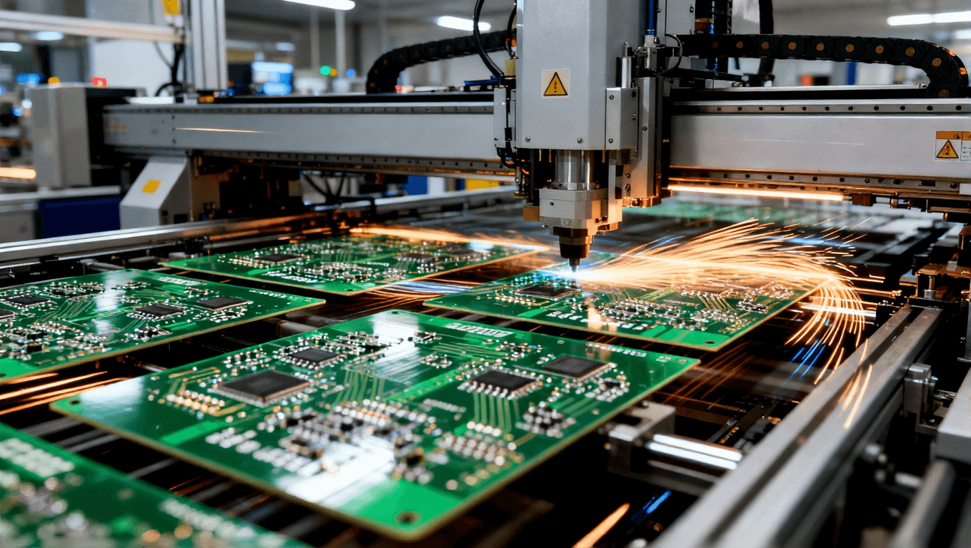 高效自動(dòng)化PCB生產(chǎn)過程，展示在高壓力下快速組裝的制造環(huán)境