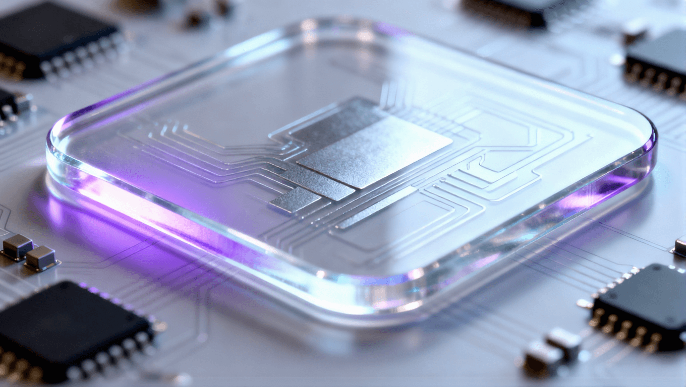 半透明玻璃封裝基板內(nèi)部隱約可見(jiàn)金屬線路布局且環(huán)繞著微型芯片