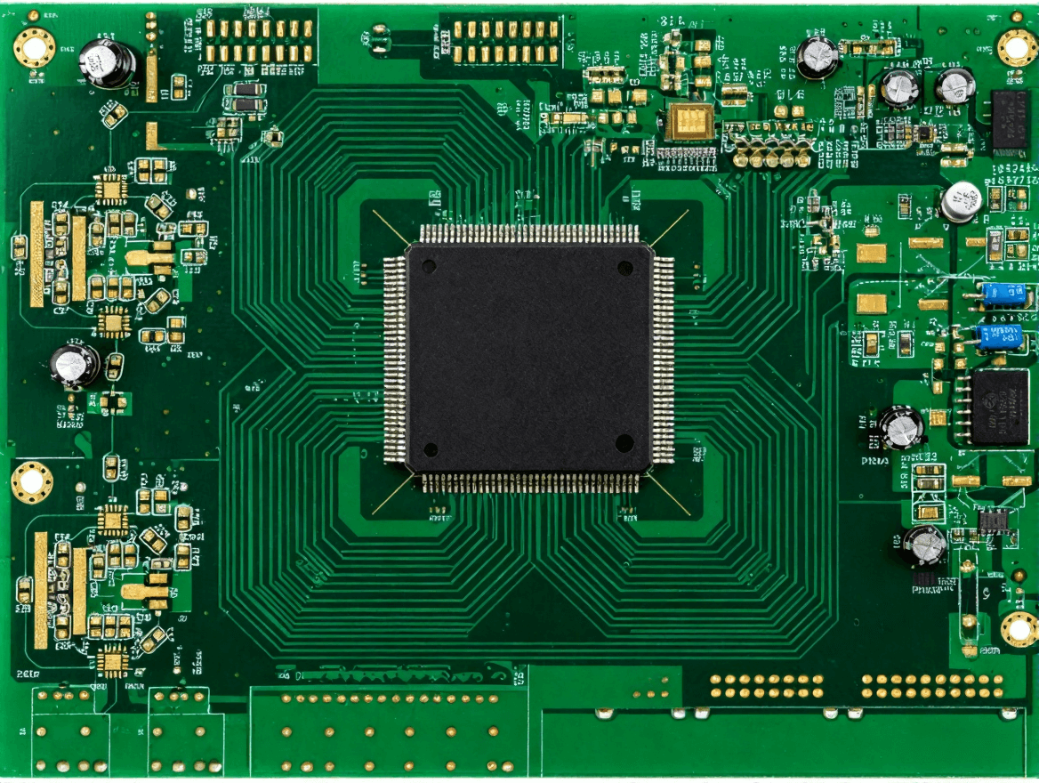 高精度工控主板 PCB 俯視圖，復(fù)雜多層布線與工業(yè)級(jí)元件布局