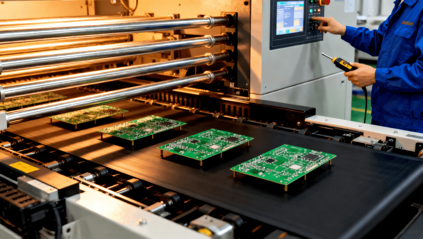 PCB焊接設(shè)備校準(zhǔn)與維護(hù)場景，突出焊接工藝優(yōu)化中的設(shè)備穩(wěn)定性控制