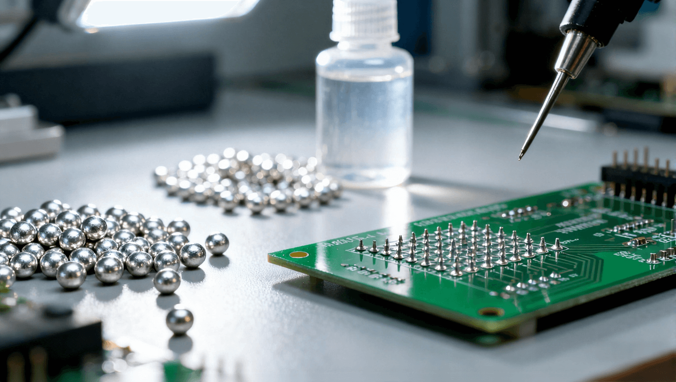 PCB焊接材料選型場景，展示焊料和助焊劑在電子制造中的應(yīng)用，強(qiáng)調(diào)高精度焊接質(zhì)量控制