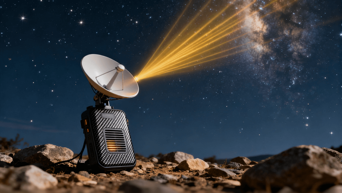 便攜衛(wèi)星通信終端在星空下發(fā)射金色信號(hào)流，體現(xiàn)Ka波段傳輸與戶外環(huán)境適應(yīng)性