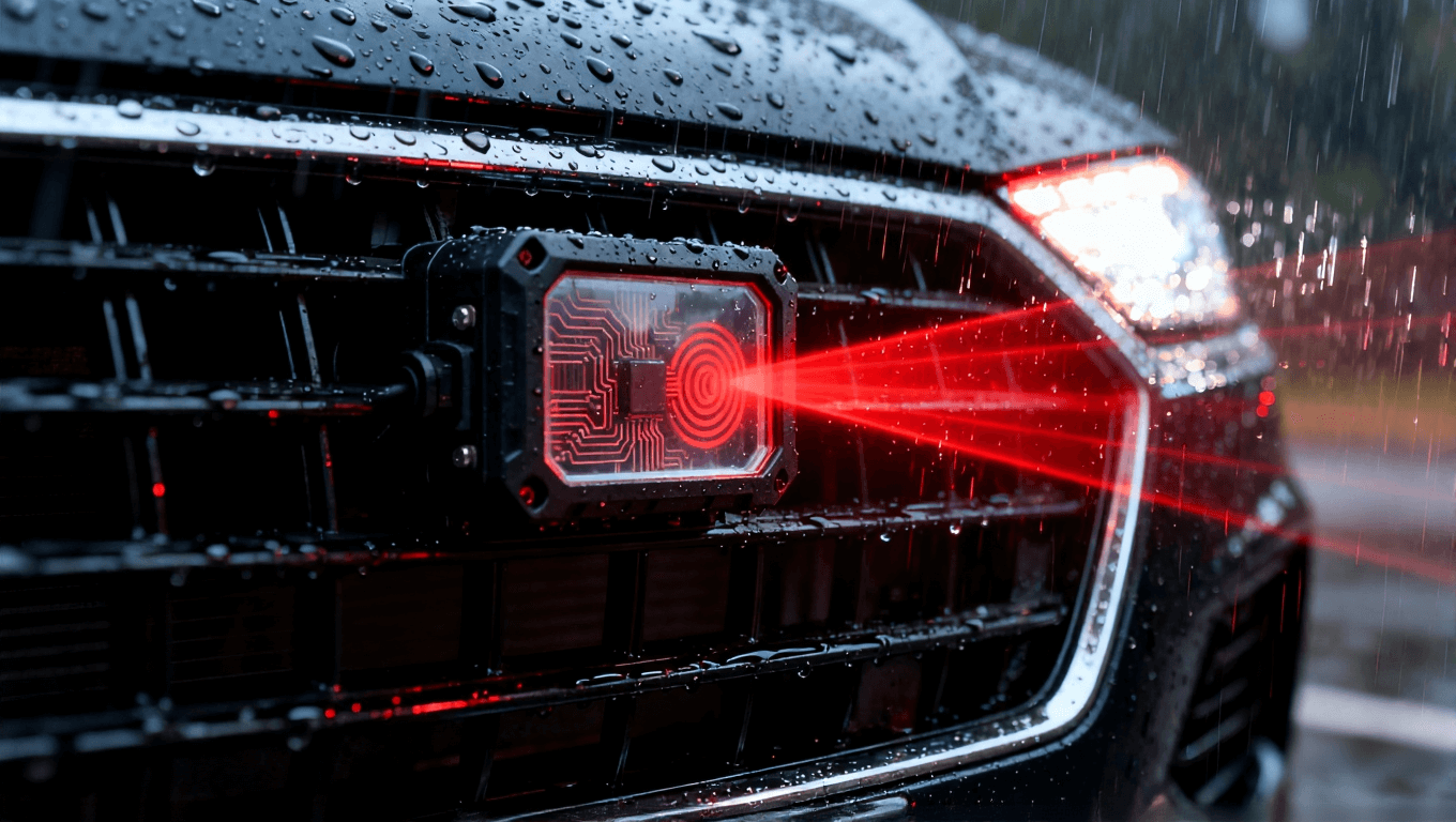 車載雷達(dá)模塊在雨夜中發(fā)射紅色波束，強(qiáng)調(diào)其在惡劣環(huán)境下的密封可靠性及內(nèi)部高頻電路結(jié)構(gòu)