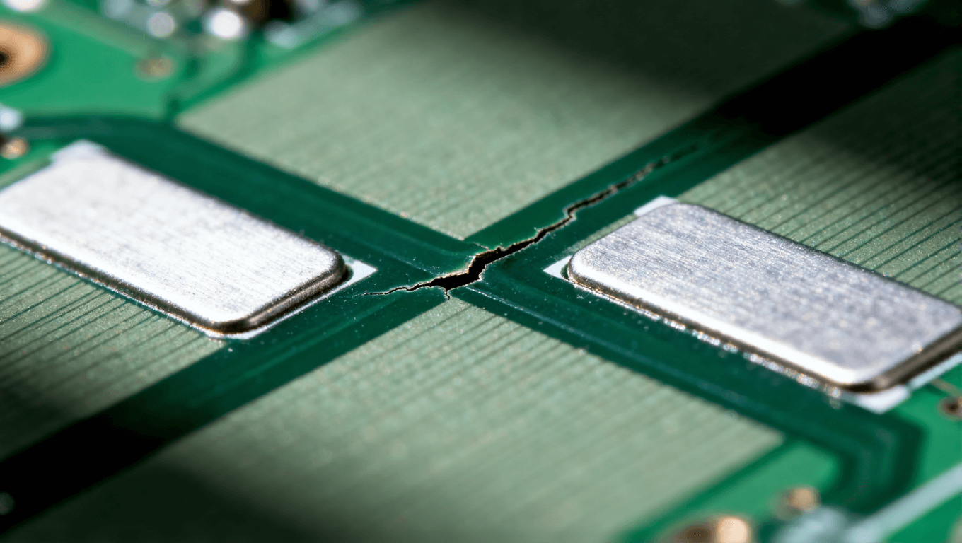 PCB板上阻焊橋出現(xiàn)裂紋與翹起的微距特寫，展示工藝缺陷問題