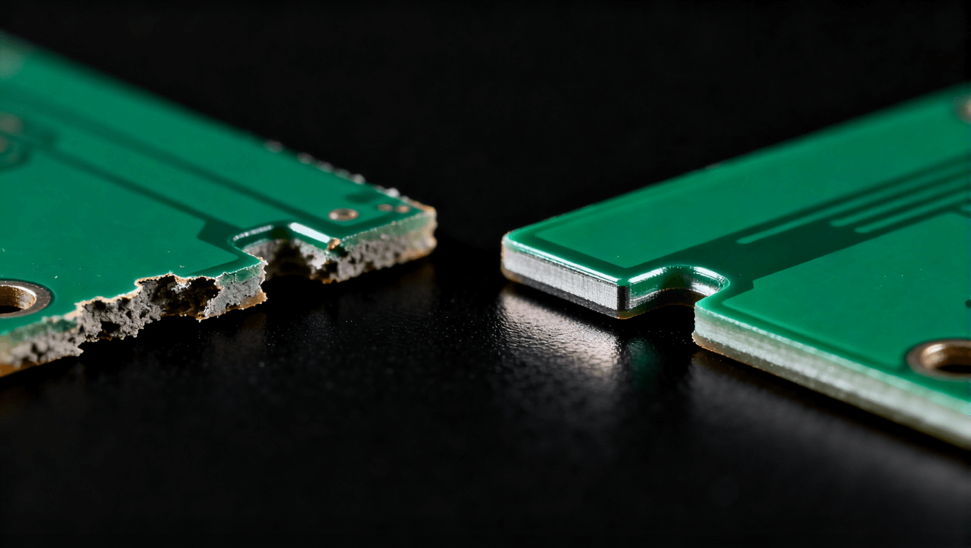 PCB阻焊橋工藝優(yōu)化前后效果對比微距照片，左為問題板，右為優(yōu)化后良品