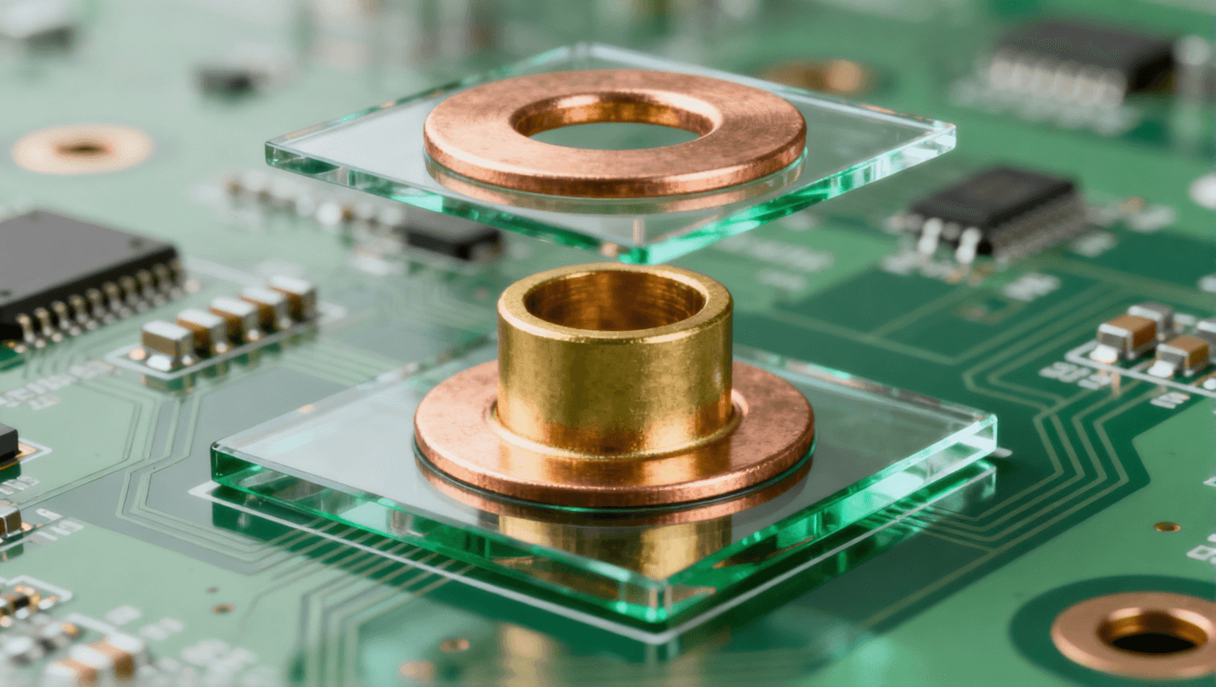 PCB過(guò)孔圖，分解展示孔壁、焊盤(pán)和阻焊層三要素