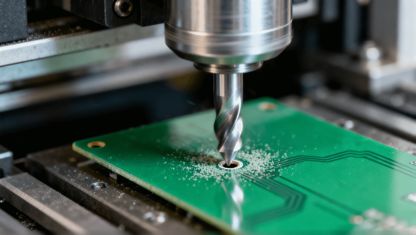 數(shù)控鉆頭在PCB板上鉆孔的瞬間，展示一階過(guò)孔制造工藝