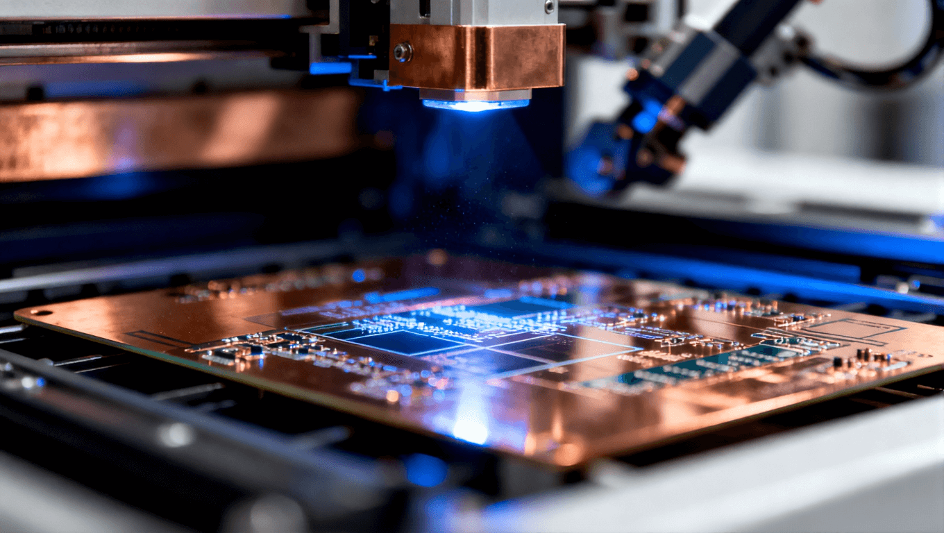 PCB圖形轉(zhuǎn)移曝光過程，菲林與基材在紫外線照射下進行線路復(fù)刻，體現(xiàn)高精度制造場景