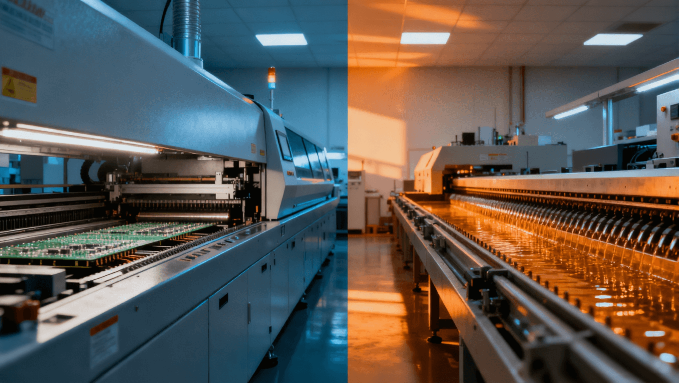 回流焊與波峰焊設(shè)備結(jié)構(gòu)對(duì)比示意圖，象征兩種工藝的成本與精度差異