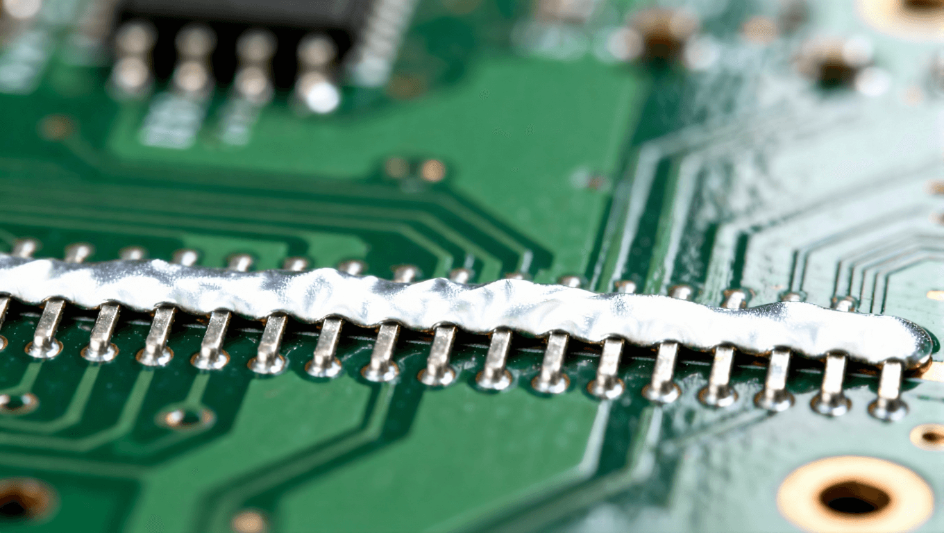 波峰焊后焊橋與橘皮效應(yīng)缺陷特寫，表現(xiàn)宏觀焊接質(zhì)量問(wèn)題