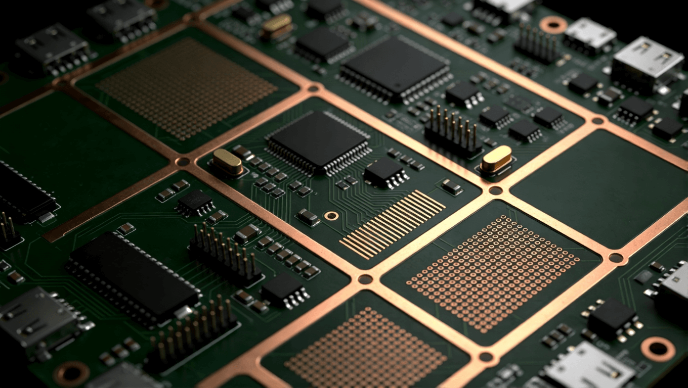 機器人主控板精密分區(qū)布局與散熱設計的俯視示意圖，體現(xiàn)高密度布線的秩序與規(guī)劃