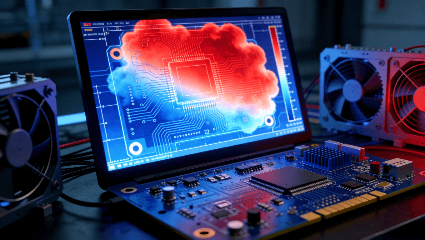 PCB熱仿真溫度分布云圖在電腦界面中的視覺呈現(xiàn)，展示熱點識別與散熱設計