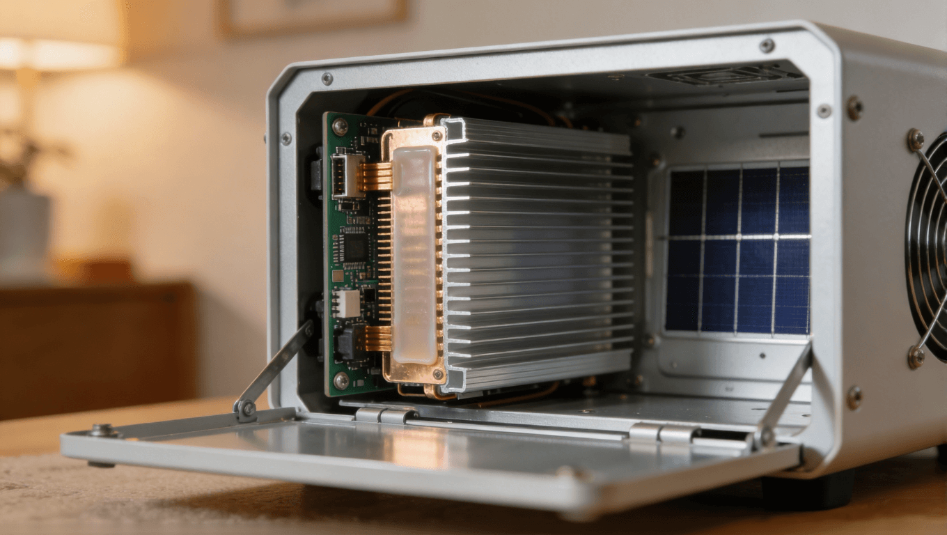 戶用儲能逆變器內(nèi)部散熱結構特寫，展示PCB集成散熱層與殼體散熱設計