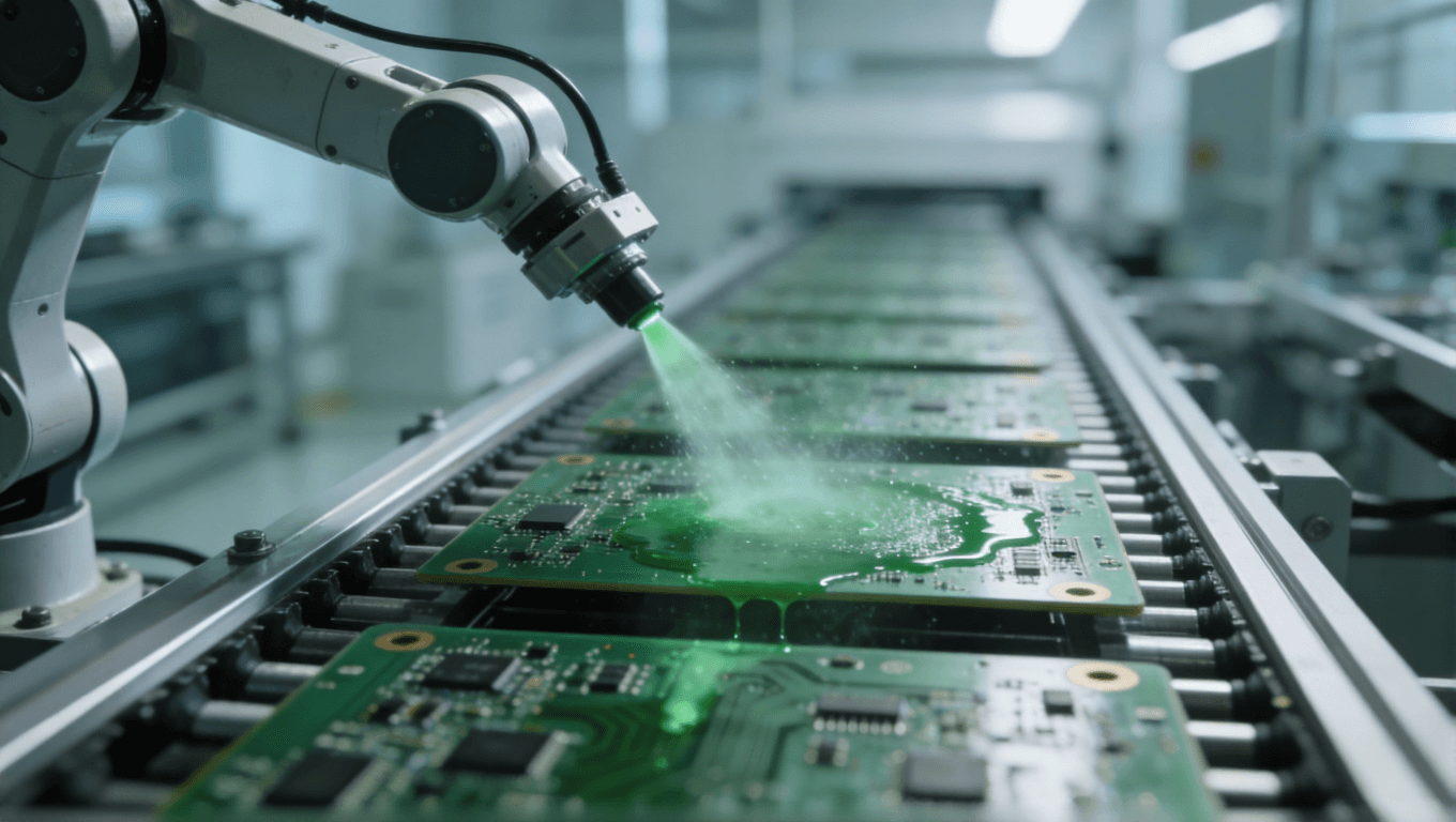 未來工廠中機械臂為傳送帶上的PCB板噴涂阻焊層的場景，綠色霧狀涂料正在噴涂