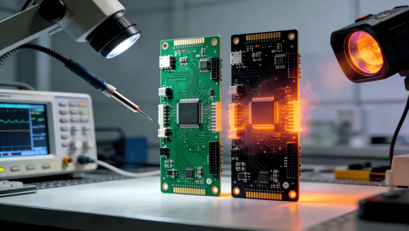 實驗室中綠色與黑色PCB板并排對比測試場景，周圍有示波器探頭和熱像儀鏡頭