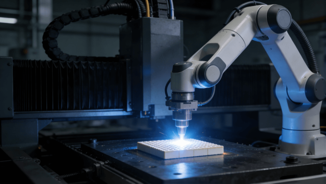 自動化激光焊接陶瓷基板的工業(yè)場景，展現(xiàn)高精度、低熱應(yīng)力焊接技術(shù)的應(yīng)用