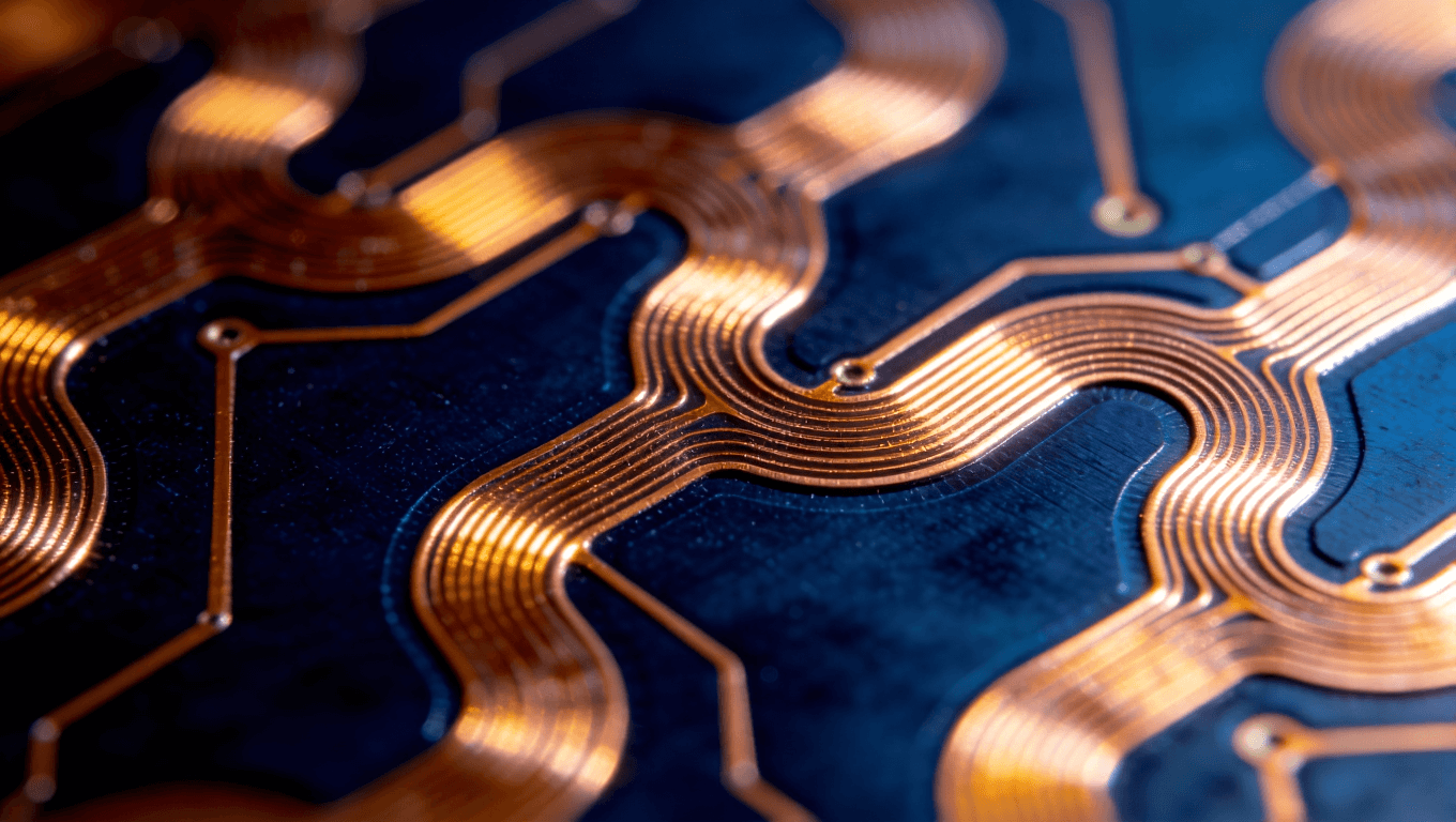 柔性電路板蛇形走線設計細節(jié)圖，展現金黃色銅箔在深藍基材上的波浪形布局