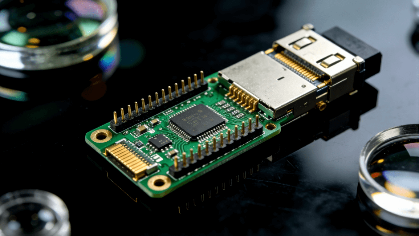 成品光模塊PCB展示，綠色焊盤(pán)與金色連接器，呈現(xiàn)高質(zhì)量制造工藝