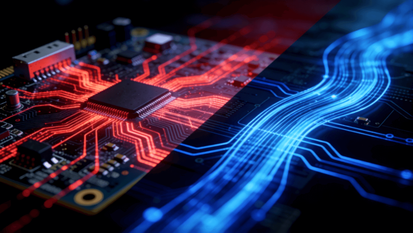 光模塊PCB信號(hào)完整性問(wèn)題與優(yōu)化方案對(duì)比圖，紅藍(lán)信號(hào)流視覺(jué)對(duì)比