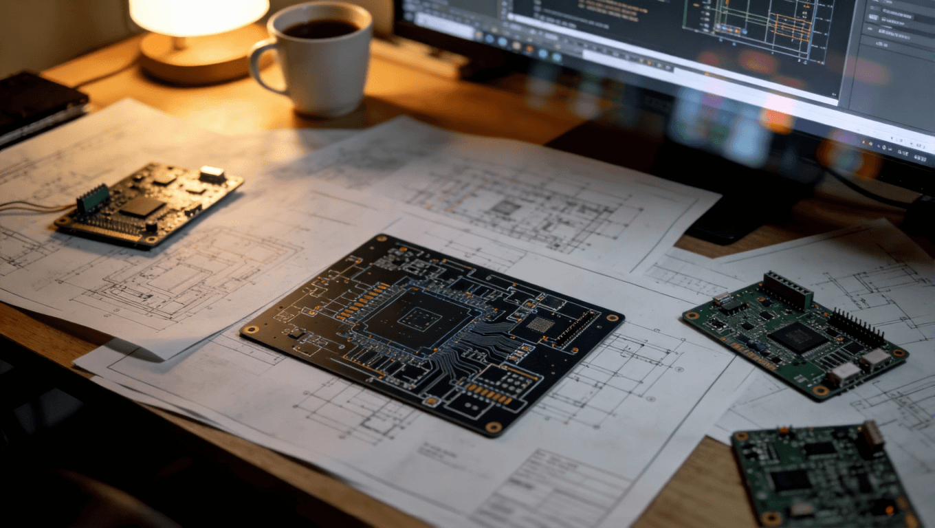 一張工作臺上散落著PCB設計圖紙、電路板樣品