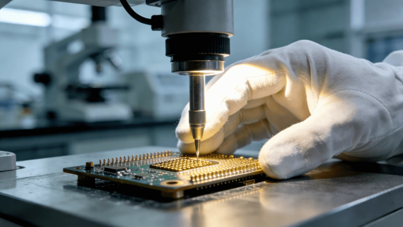 在電子制造實驗室中，技術(shù)人員佩戴潔凈手套，使用精密儀器對沉金電路板焊盤進行最終質(zhì)量檢測 