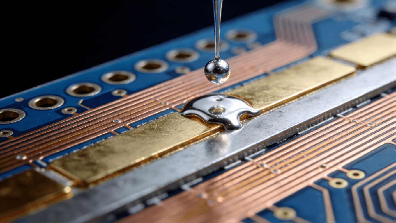 沉金板PCB截面微觀結(jié)構(gòu)特寫，展示銅、鎳、金分層與焊錫浸潤的精密工藝過程 