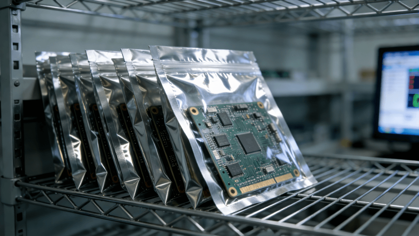 真空密封包裝的沉金電路板在溫濕度受控的專業(yè)倉儲環(huán)境中安全存放 