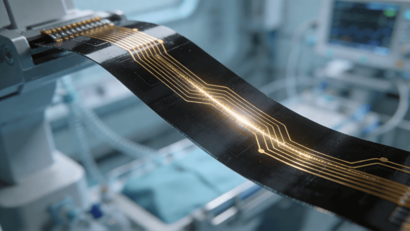 超聲探頭微型化柔性板特寫，展示高精度布線與微型化結(jié)構(gòu)，凸顯信號(hào)傳輸穩(wěn)定性